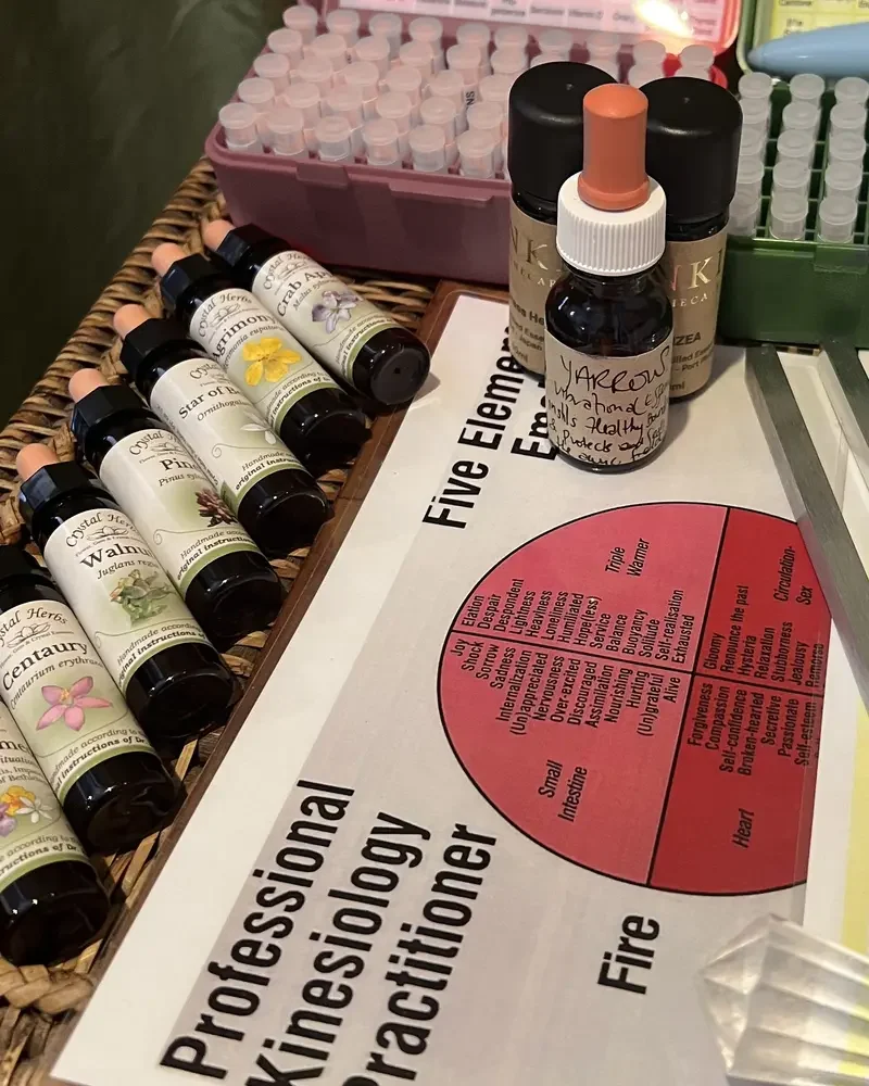 Remedy bottles and a meridian chart on Phil's desk
