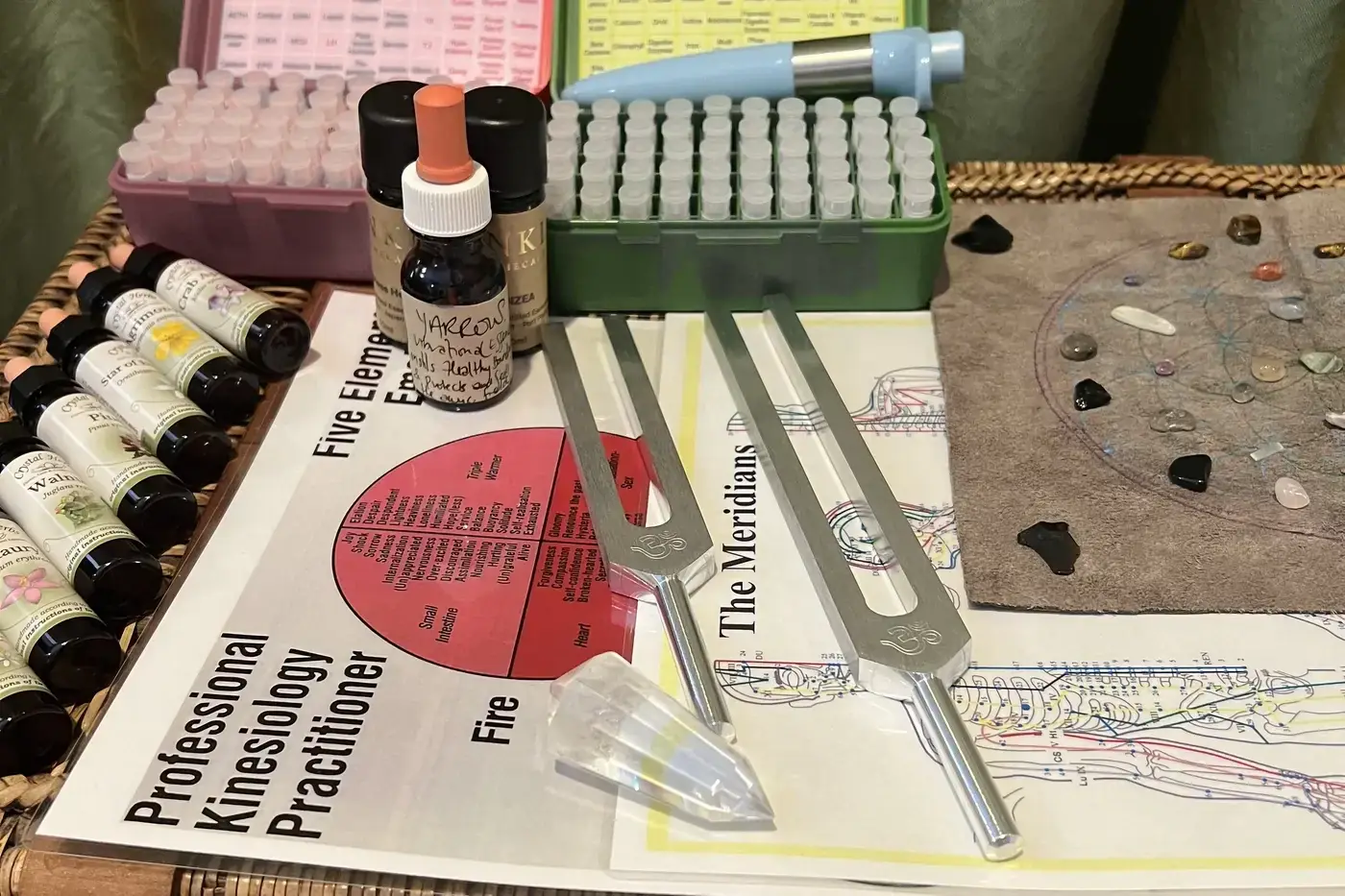 Kinesiology tools and remedy bottles on a wooden shelf in Phil's clinic