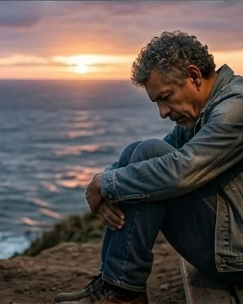 A man sits alone on a clifftop at sunset with his head bowed
